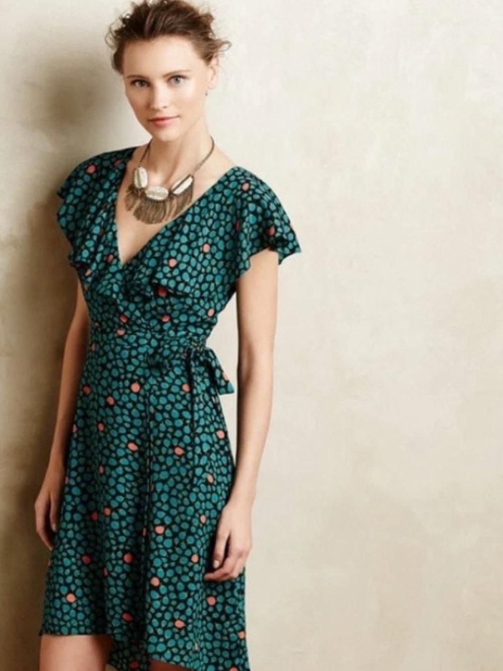 Anthropologie HD IN Paris Faux Wrap Ruffle Polka Dot High-Low Dress Teal Coral
